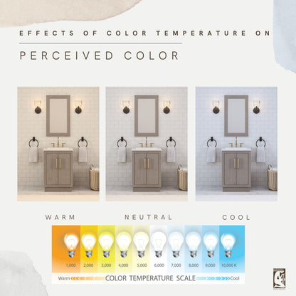 Color temperature comparison of the 24 inch Water Creation Hugo grey oak single sink bathroom vanity under warm, neutral, and cool light