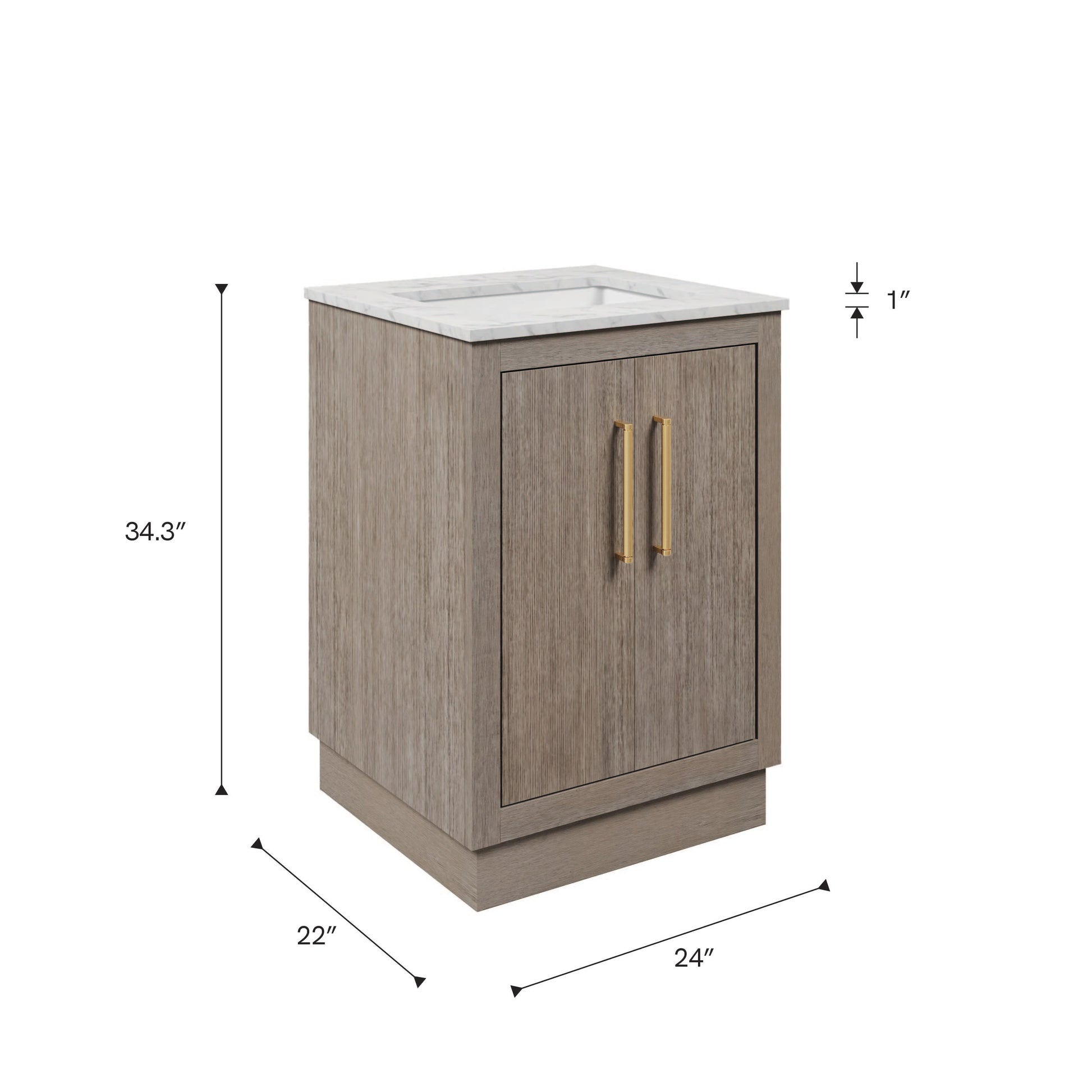Dimensions diagram for the 24 inch Water Creation Hugo grey oak single sink bathroom vanity with white marble top