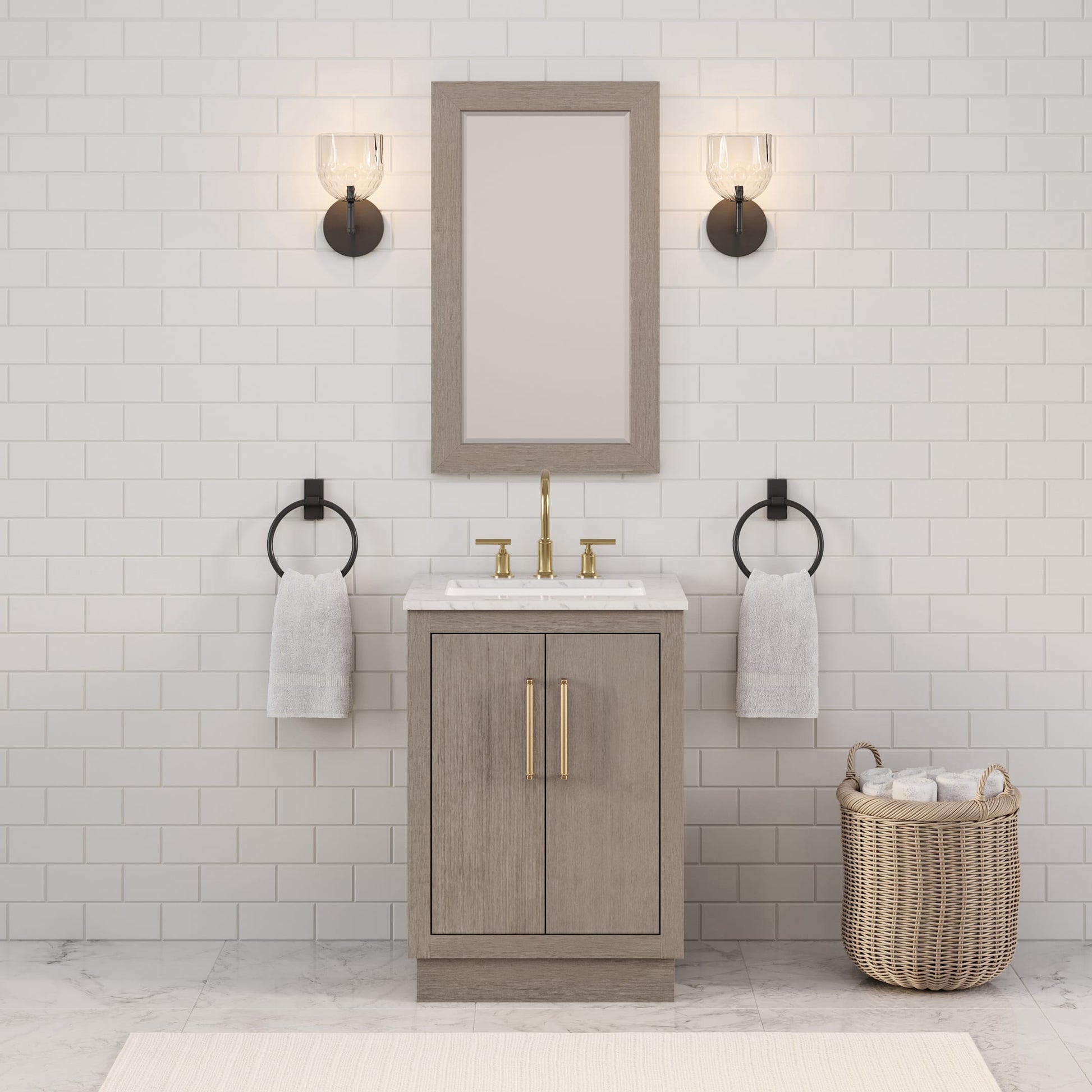Hugo 24 in. Bath Vanity in Grey Oak with Marble Vanity Top in White with White Basin | Water Creation