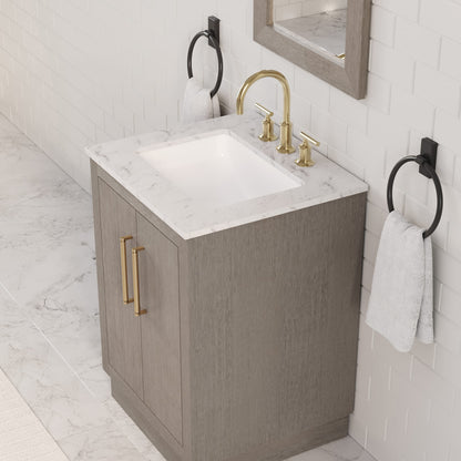 Hugo 24 in. Bath Vanity in Grey Oak with Marble Vanity Top in White with White Basin | Water Creation