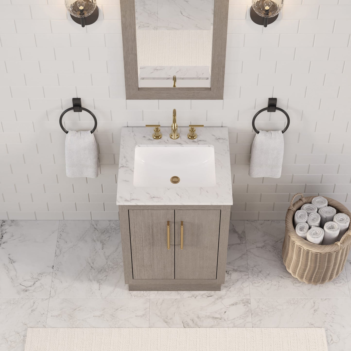Hugo 24 in. Bath Vanity in Grey Oak with Marble Vanity Top in White with White Basin | Water Creation