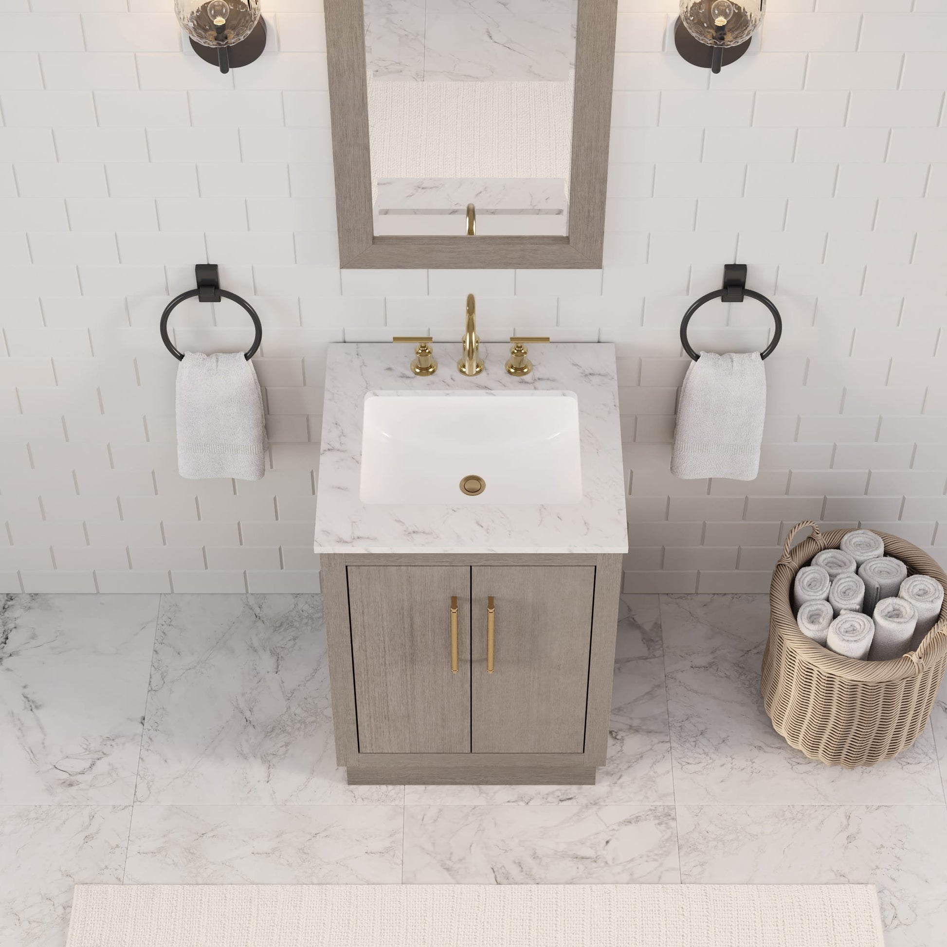 Hugo 24 in. Bath Vanity in Grey Oak with Marble Vanity Top in White with White Basin | Water Creation