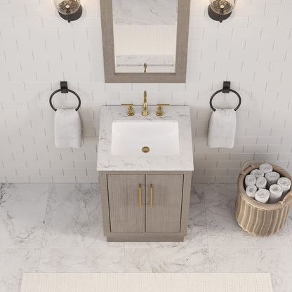 Hugo 24 in. Bath Vanity in Grey Oak with Marble Vanity Top in White with White Basin | Water Creation