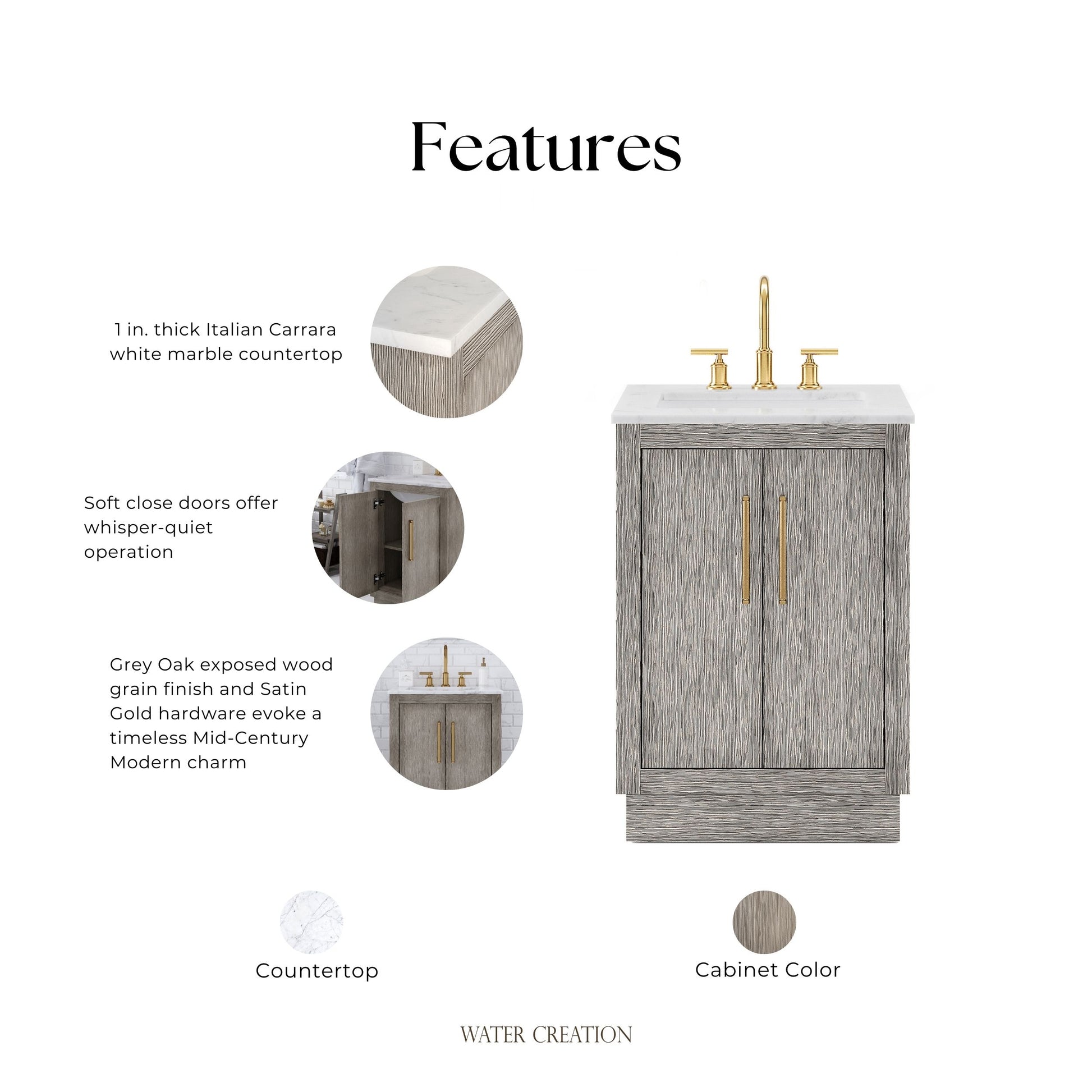 Hugo 24 in. Bath Vanity in Grey Oak with Marble Vanity Top in White with White Basin | Water Creation