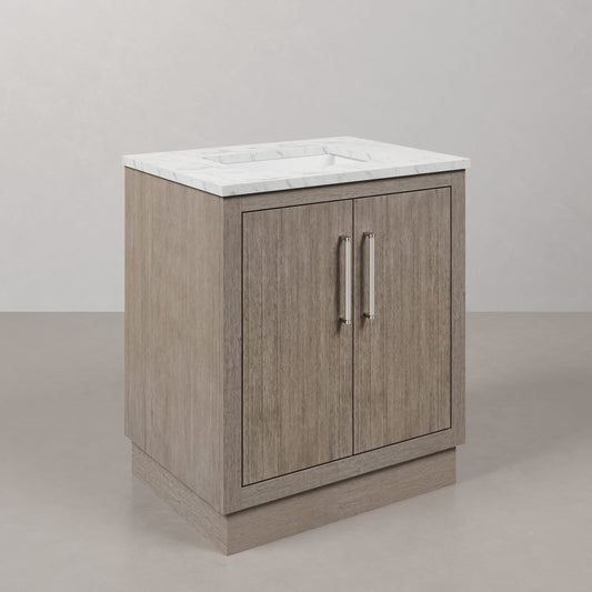 Hugo 30 in. Bath Vanity in Grey Oak with Marble Vanity Top in White with White Basin | Water Creation