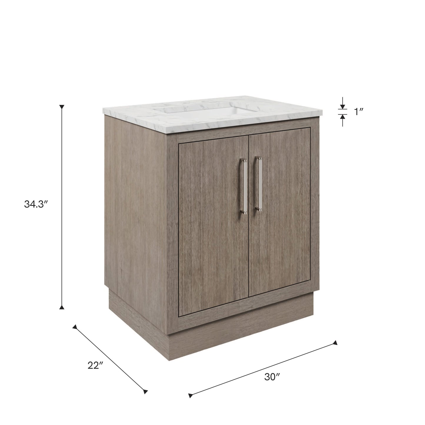 Dimensions diagram for the 30 inch Water Creation Hugo grey oak single sink bathroom vanity with white marble top