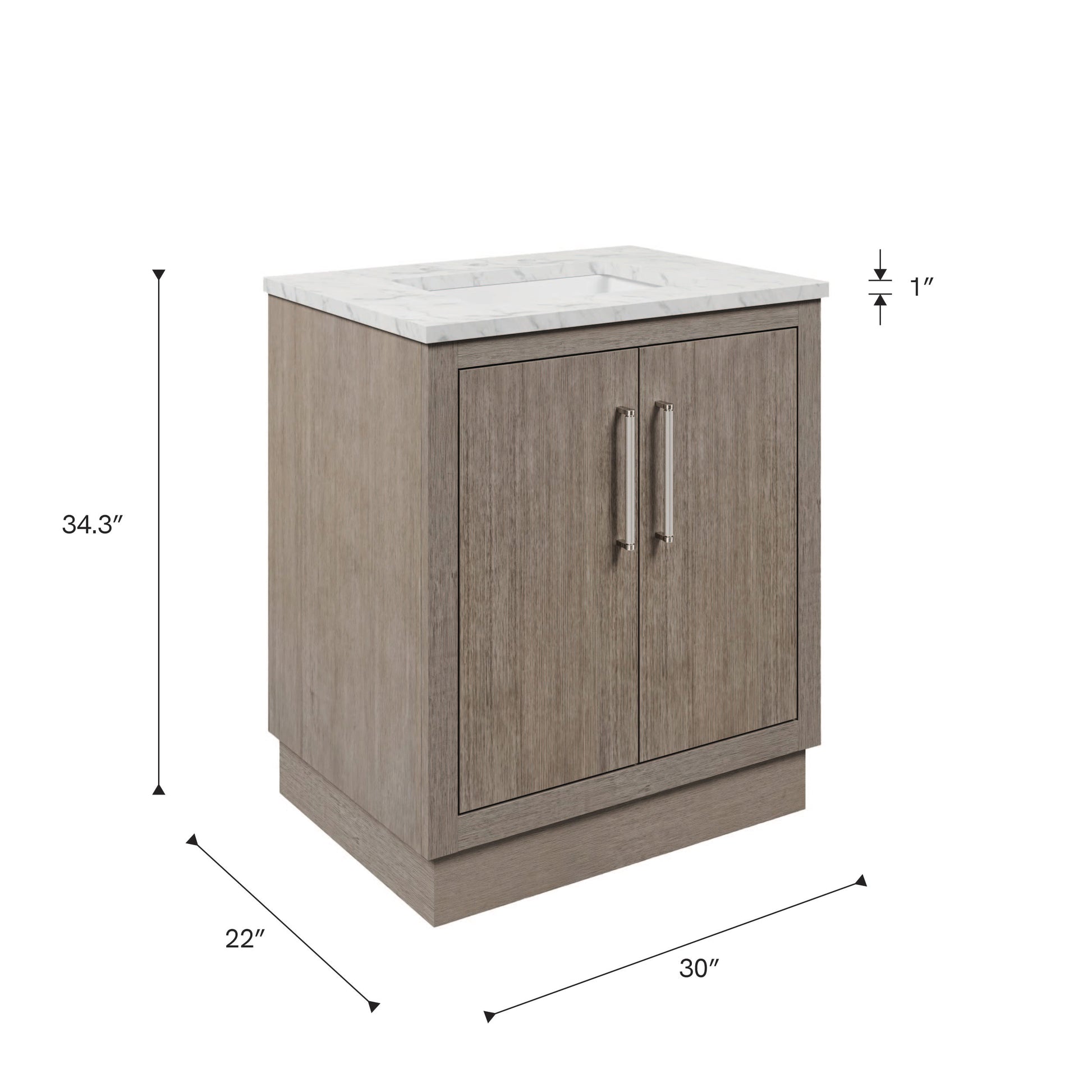 Dimensions diagram for the 30 inch Water Creation Hugo grey oak single sink bathroom vanity with white marble top