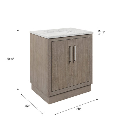 Dimensions diagram for the 30 inch Water Creation Hugo grey oak single sink bathroom vanity with white marble top
