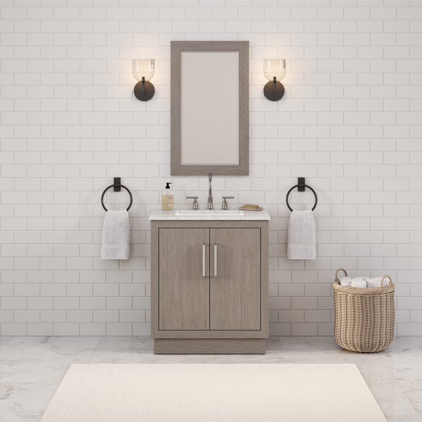 Hugo 30 in. Bath Vanity in Grey Oak with Marble Vanity Top in White with White Basin | Water Creation