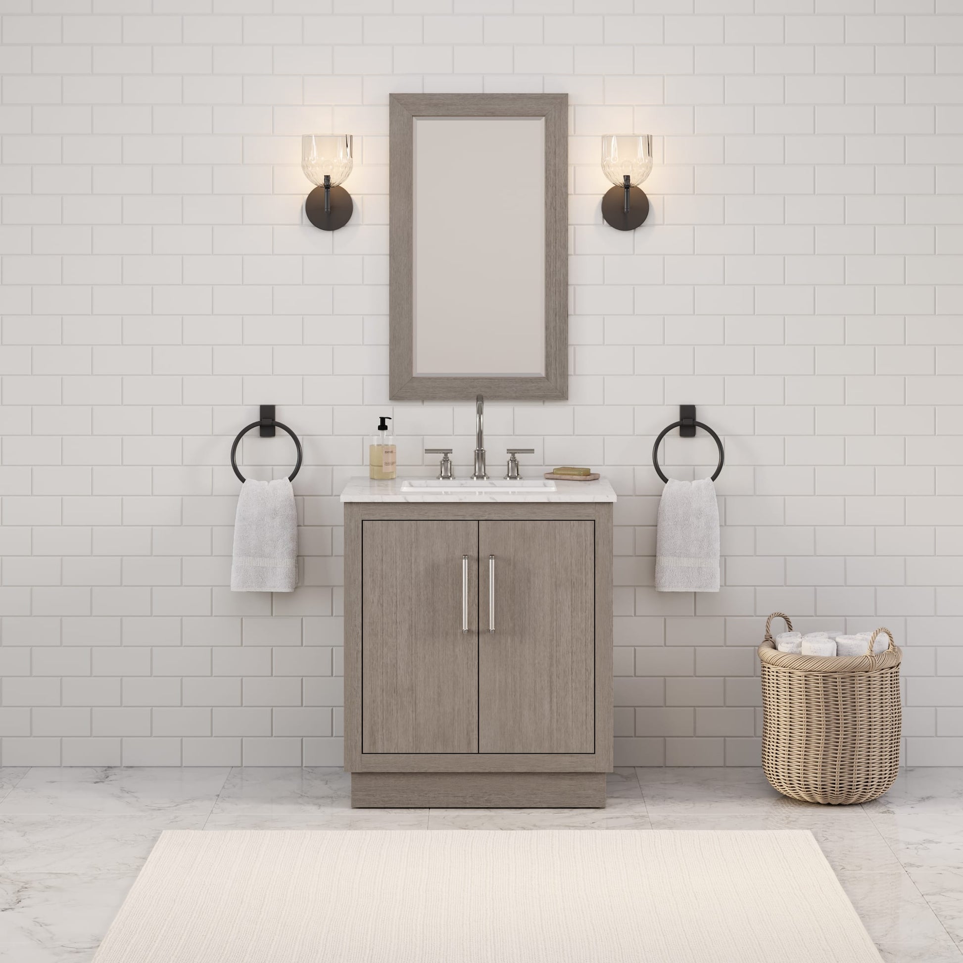 Hugo 30 in. Bath Vanity in Grey Oak with Marble Vanity Top in White with White Basin | Water Creation