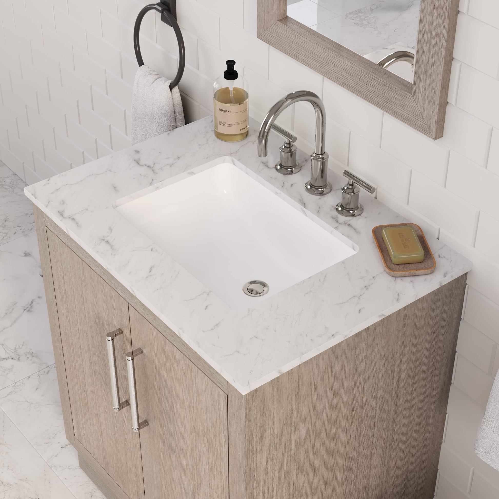Hugo 30 in. Bath Vanity in Grey Oak with Marble Vanity Top in White with White Basin | Water Creation
