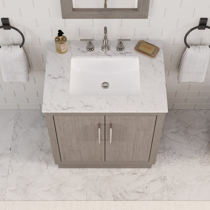 Hugo 30 in. Bath Vanity in Grey Oak with Marble Vanity Top in White with White Basin | Water Creation