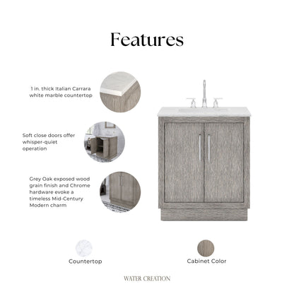 Hugo 30 in. Bath Vanity in Grey Oak with Marble Vanity Top in White with White Basin | Water Creation