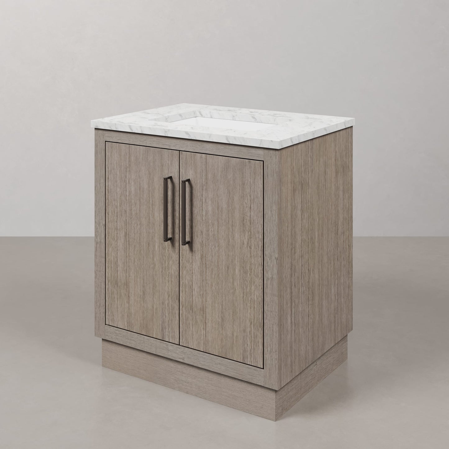 Hugo 30 in. x 34 in. H White Basin Vanity in Grey Oak with White Marble Vanity Top | Water Creation