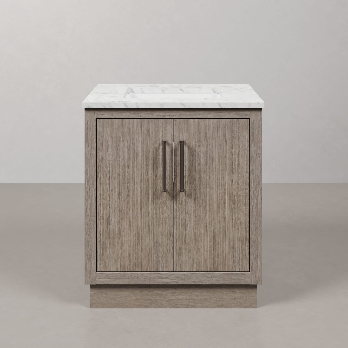 Hugo 30 in. x 34 in. H White Basin Vanity in Grey Oak with White Marble Vanity Top | Water Creation