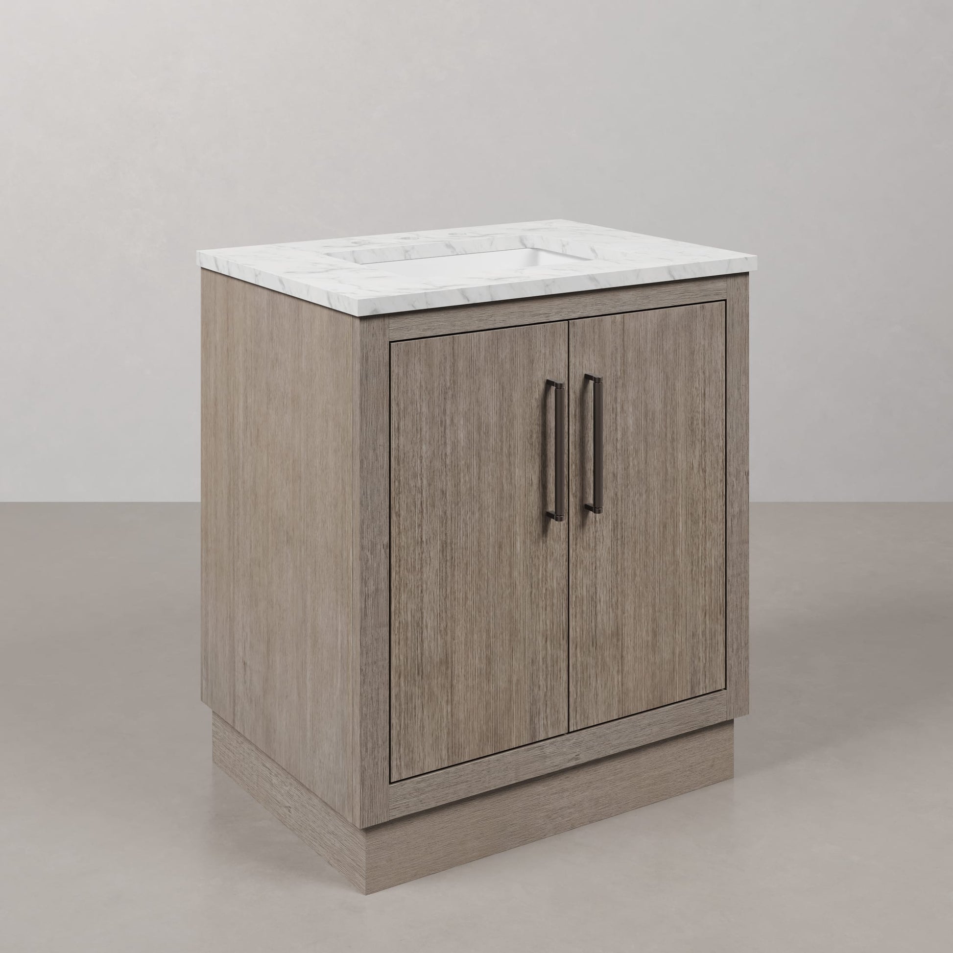 Hugo 30 in. x 34 in. H White Basin Vanity in Grey Oak with White Marble Vanity Top | Water Creation