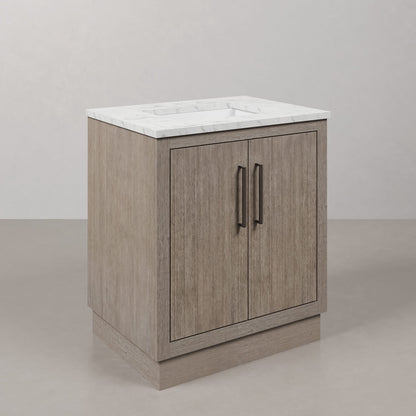 Hugo 30 in. x 34 in. H White Basin Vanity in Grey Oak with White Marble Vanity Top | Water Creation