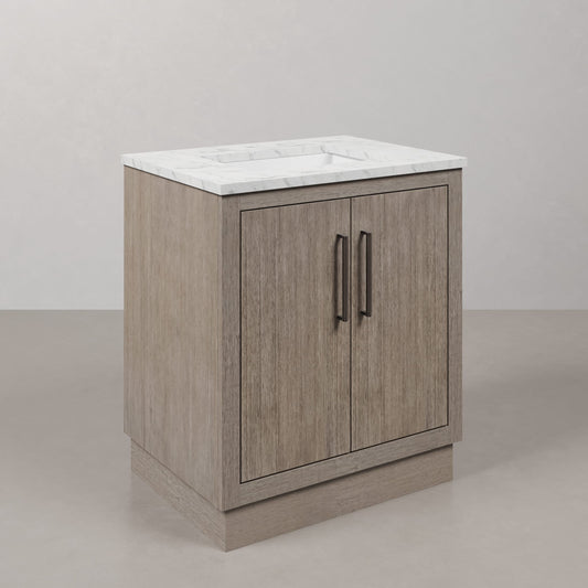 Hugo 30 in. x 34 in. H White Basin Vanity in Grey Oak with White Marble Vanity Top | Water Creation