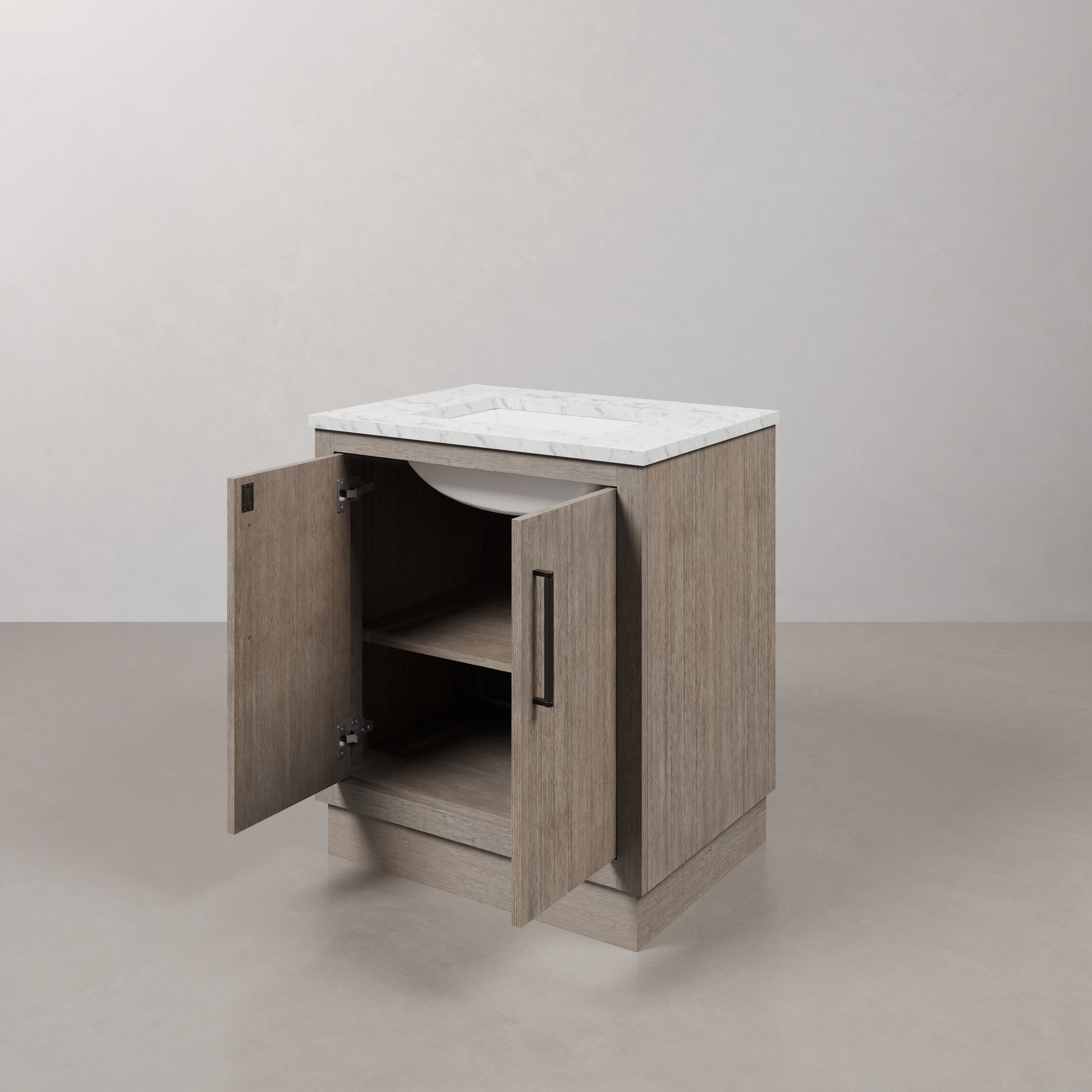 Hugo 30 in. x 34 in. H White Basin Vanity in Grey Oak with White Marble Vanity Top | Water Creation
