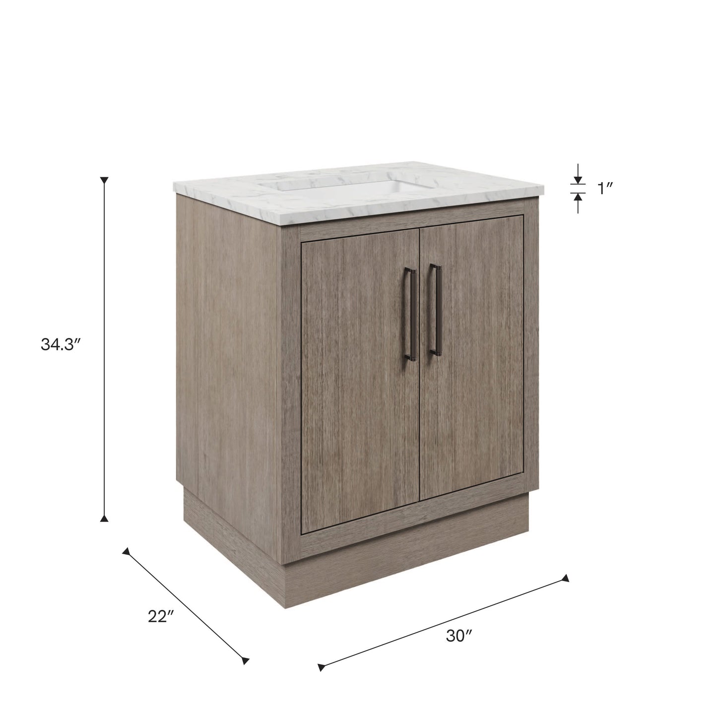 Dimensions diagram for the 30 inch Water Creation Hugo grey oak single sink bathroom vanity with white marble top