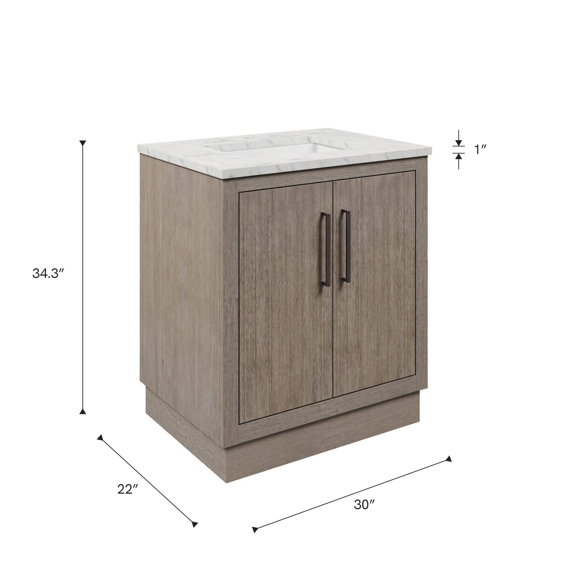 Dimensions diagram for the 30 inch Water Creation Hugo grey oak single sink bathroom vanity with white marble top