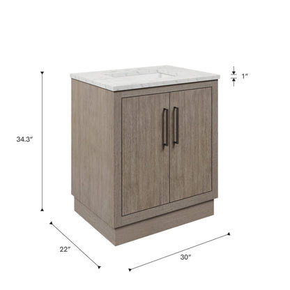 Dimensions diagram for the 30 inch Water Creation Hugo grey oak single sink bathroom vanity with white marble top