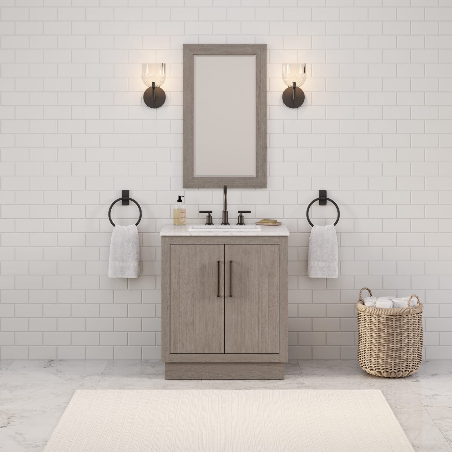 Hugo 30 in. x 34 in. H White Basin Vanity in Grey Oak with White Marble Vanity Top | Water Creation
