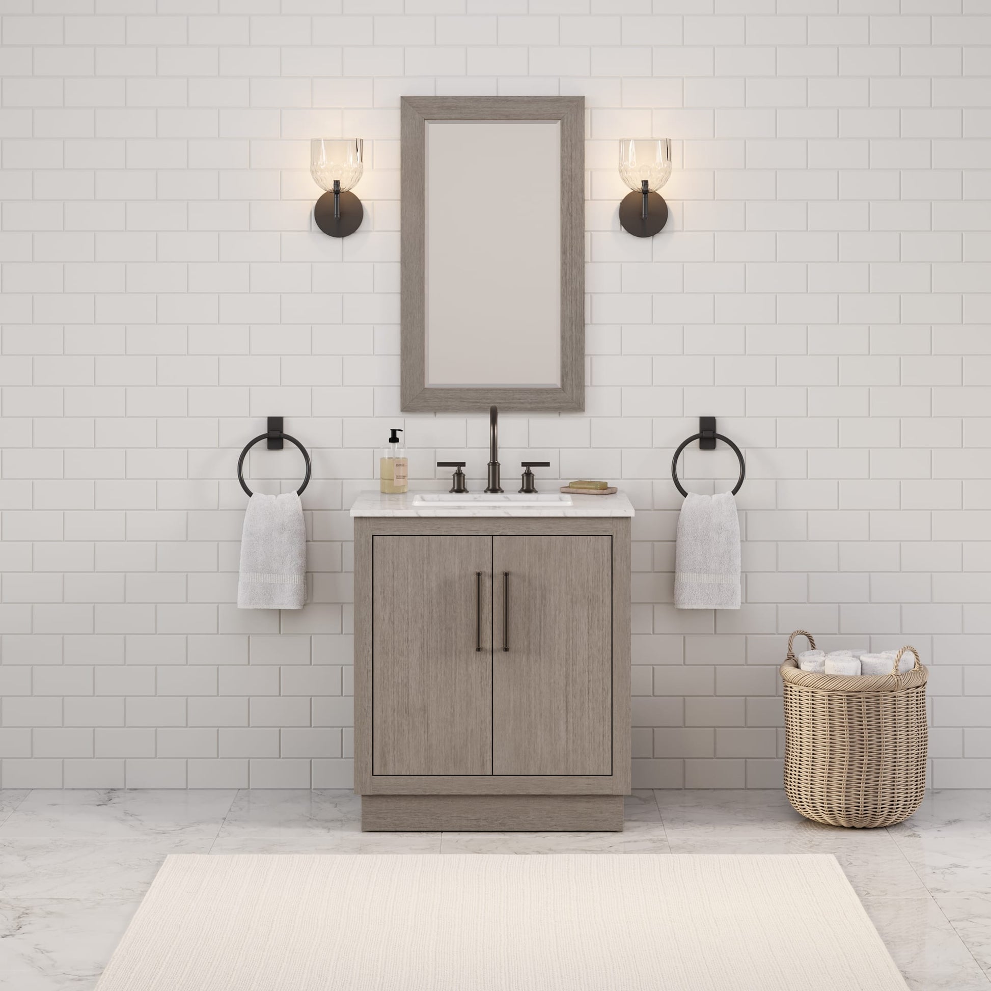 Hugo 30 in. x 34 in. H White Basin Vanity in Grey Oak with White Marble Vanity Top | Water Creation