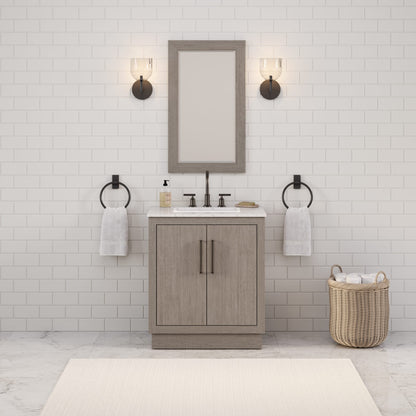 Hugo 30 in. x 34 in. H White Basin Vanity in Grey Oak with White Marble Vanity Top | Water Creation