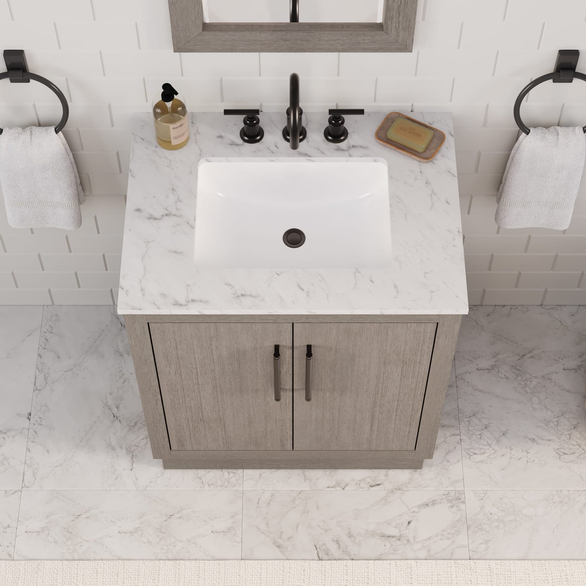 Hugo 30 in. x 34 in. H White Basin Vanity in Grey Oak with White Marble Vanity Top | Water Creation