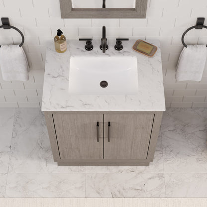 Hugo 30 in. x 34 in. H White Basin Vanity in Grey Oak with White Marble Vanity Top | Water Creation