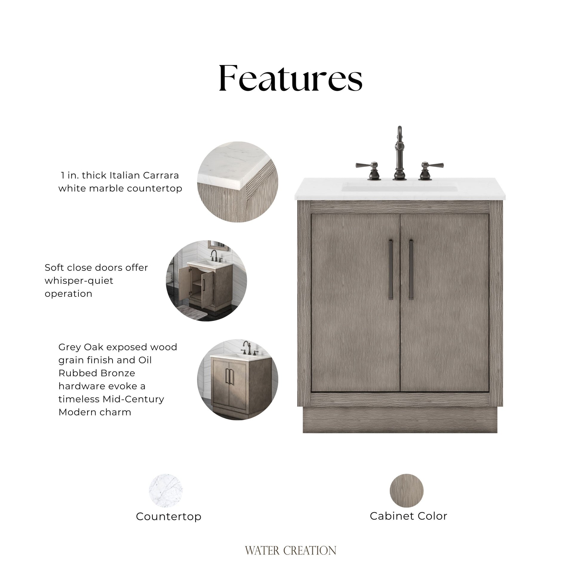 Hugo 30 in. x 34 in. H White Basin Vanity in Grey Oak with White Marble Vanity Top | Water Creation