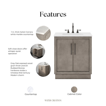Hugo 30 in. x 34 in. H White Basin Vanity in Grey Oak with White Marble Vanity Top | Water Creation