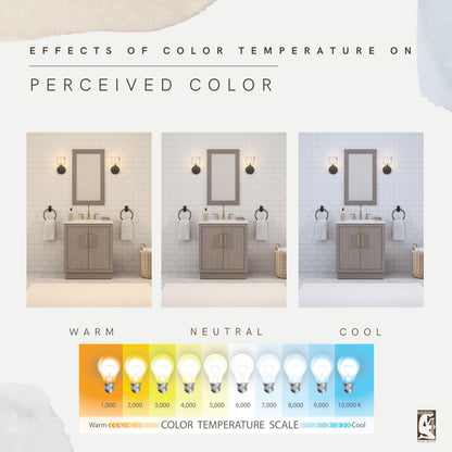 Color temperature comparison of the 30 inch Water Creation Hugo grey oak single sink bathroom vanity under warm, neutral, and cool light