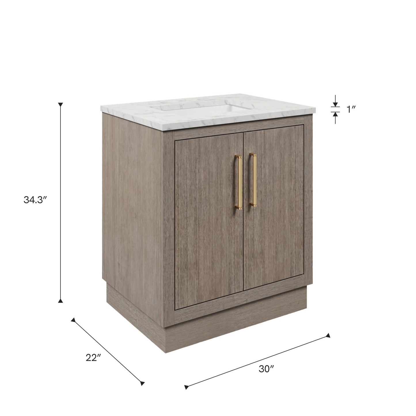 Dimensions diagram for the 30 inch Water Creation Hugo grey oak single sink bathroom vanity with white marble top