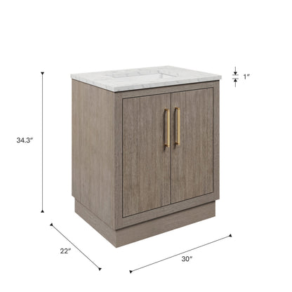 Dimensions diagram for the 30 inch Water Creation Hugo grey oak single sink bathroom vanity with white marble top