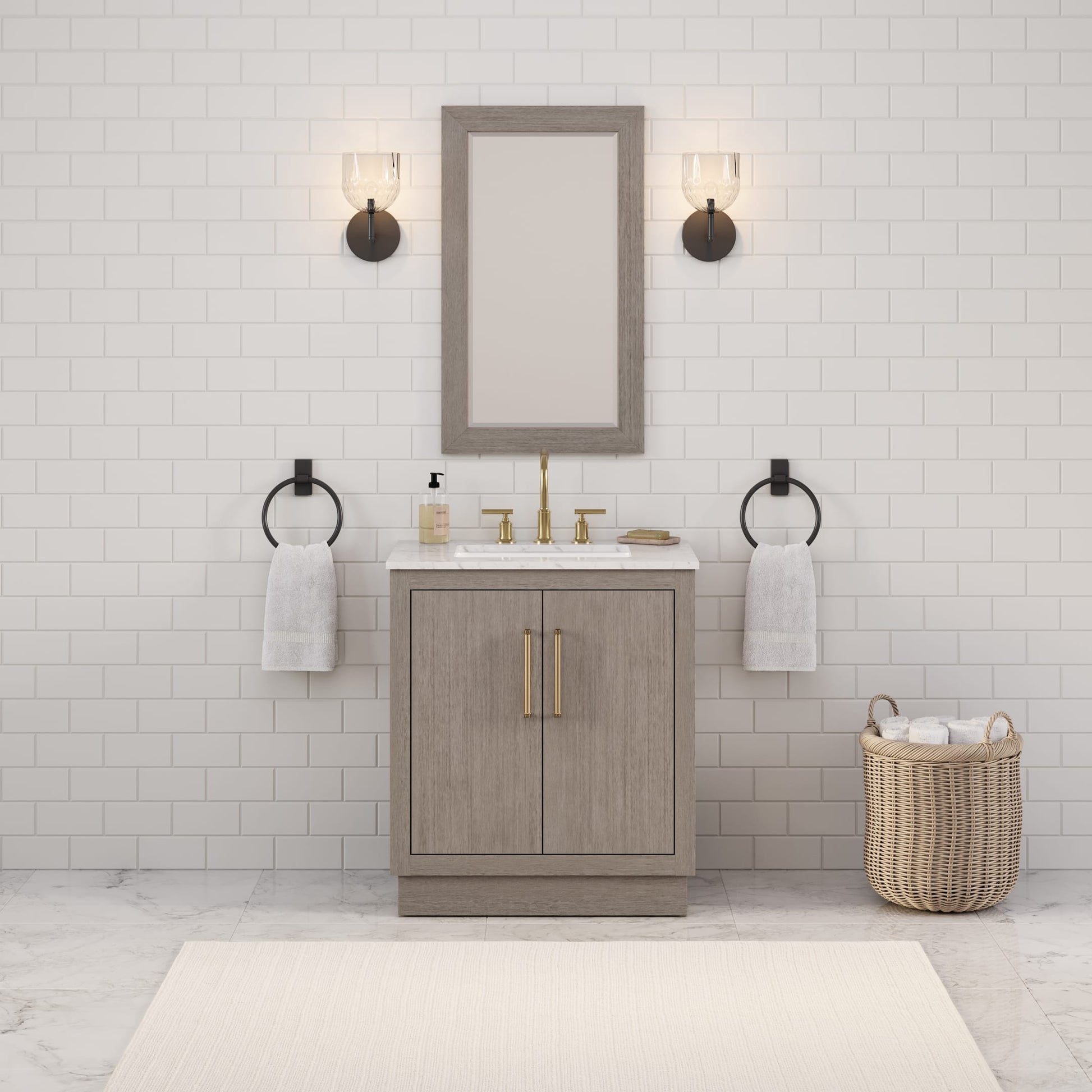 Hugo 30 in. Bath Vanity in Grey Oak with Marble Vanity Top in White with White Basin | Water Creation