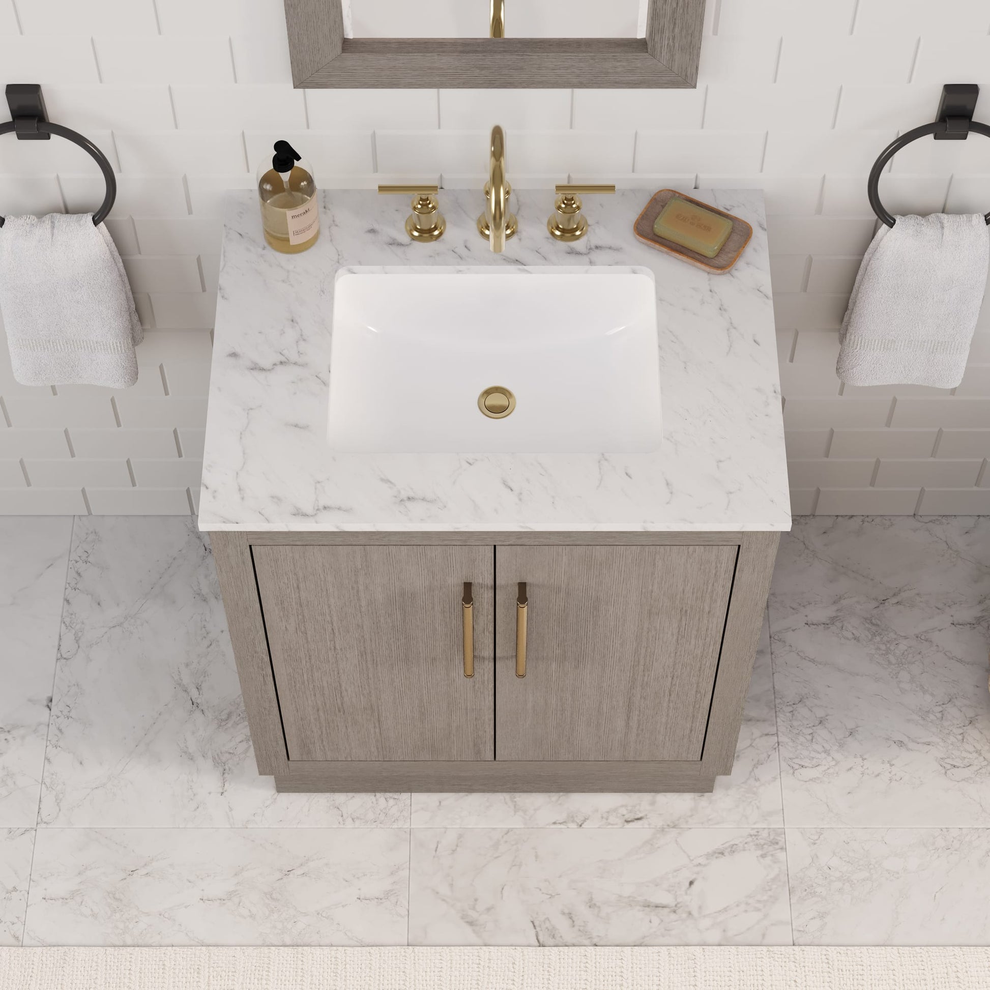 Hugo 30 in. Bath Vanity in Grey Oak with Marble Vanity Top in White with White Basin | Water Creation