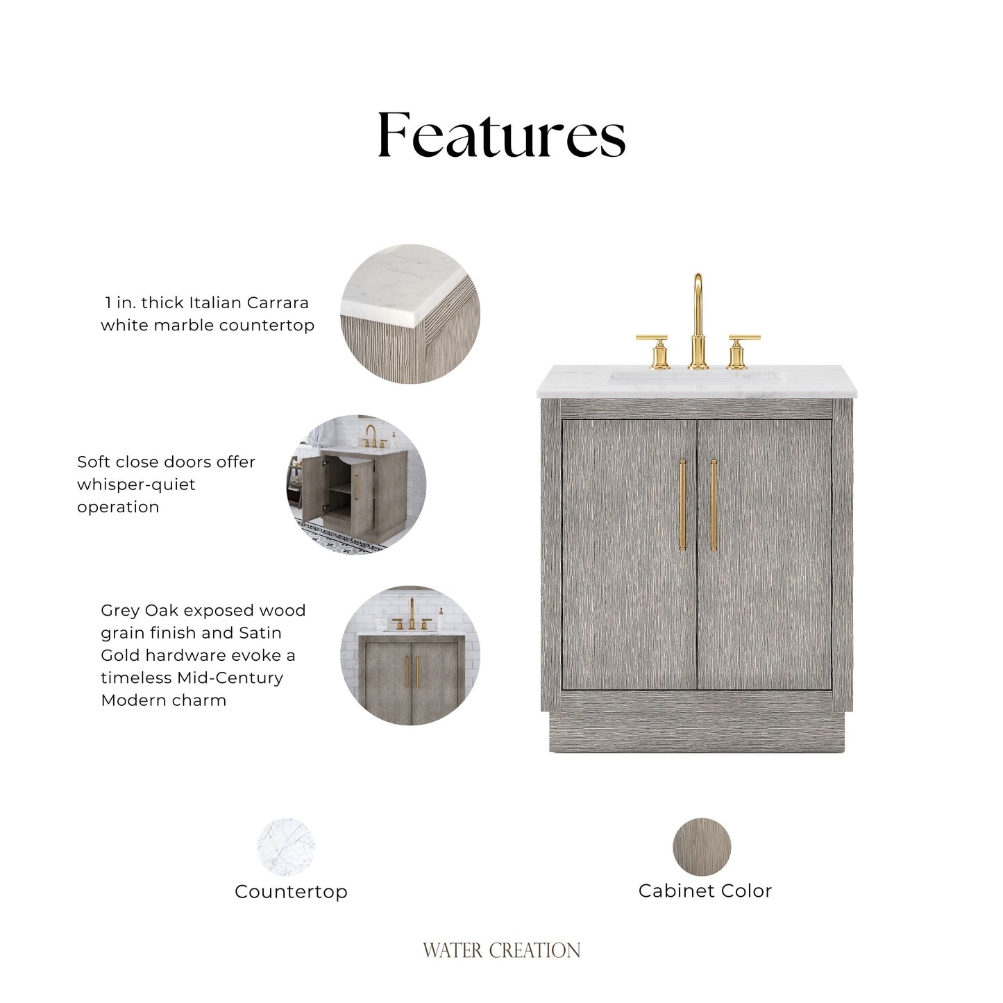 Hugo 30 in. Bath Vanity in Grey Oak with Marble Vanity Top in White with White Basin | Water Creation