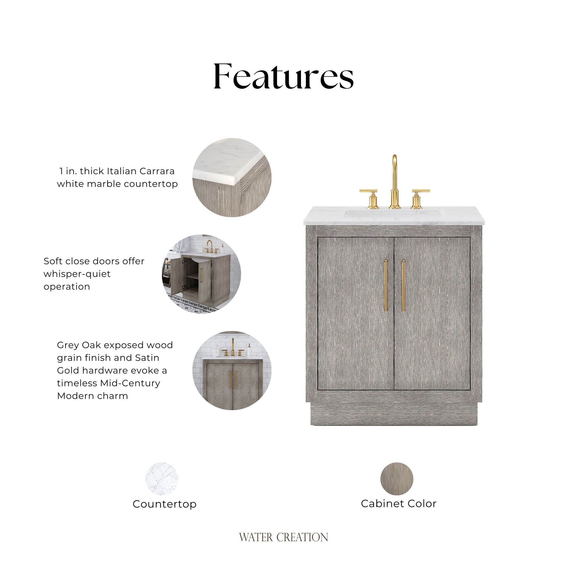 Hugo 30 in. Bath Vanity in Grey Oak with Marble Vanity Top in White with White Basin | Water Creation