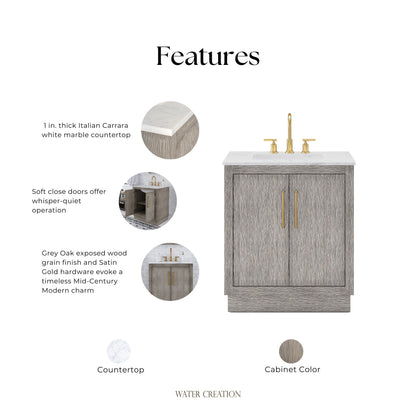 Hugo 30 in. Bath Vanity in Grey Oak with Marble Vanity Top in White with White Basin | Water Creation