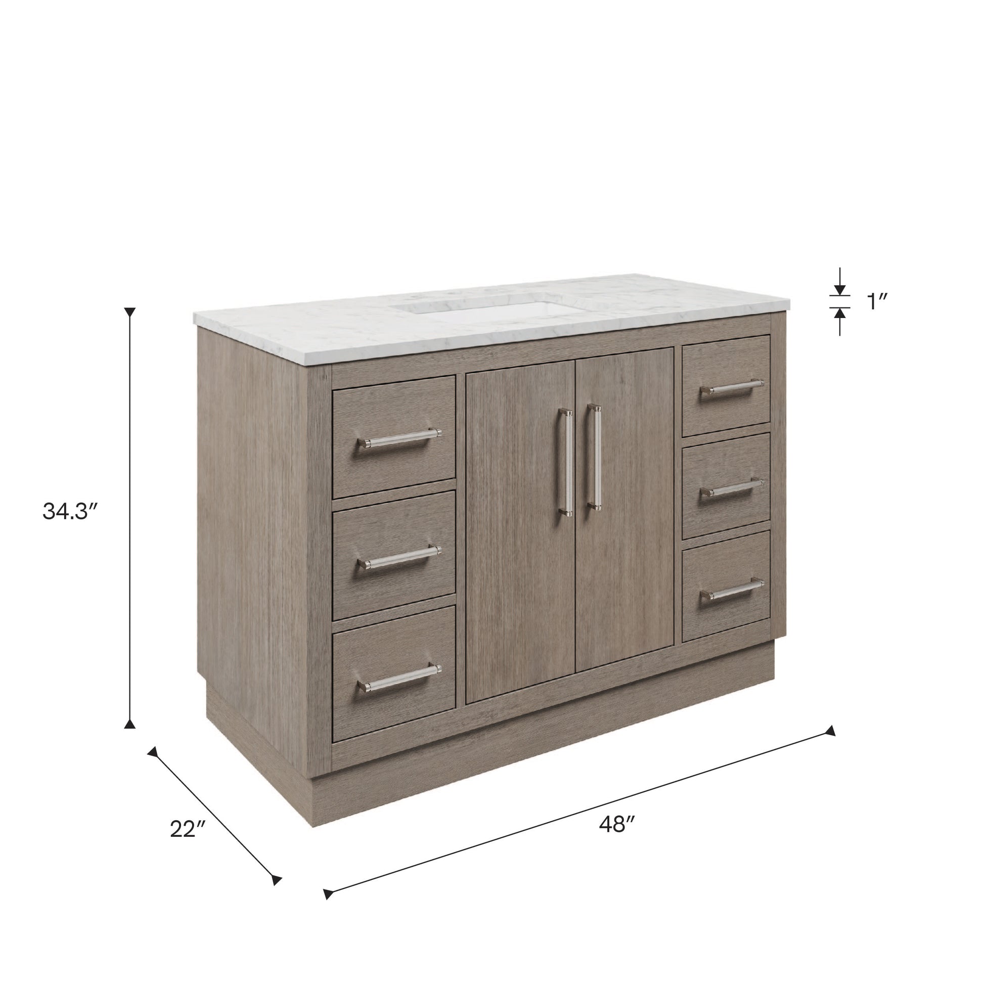 Dimensions diagram for the 48 inch Water Creation Hugo grey oak single sink bathroom vanity with white marble top