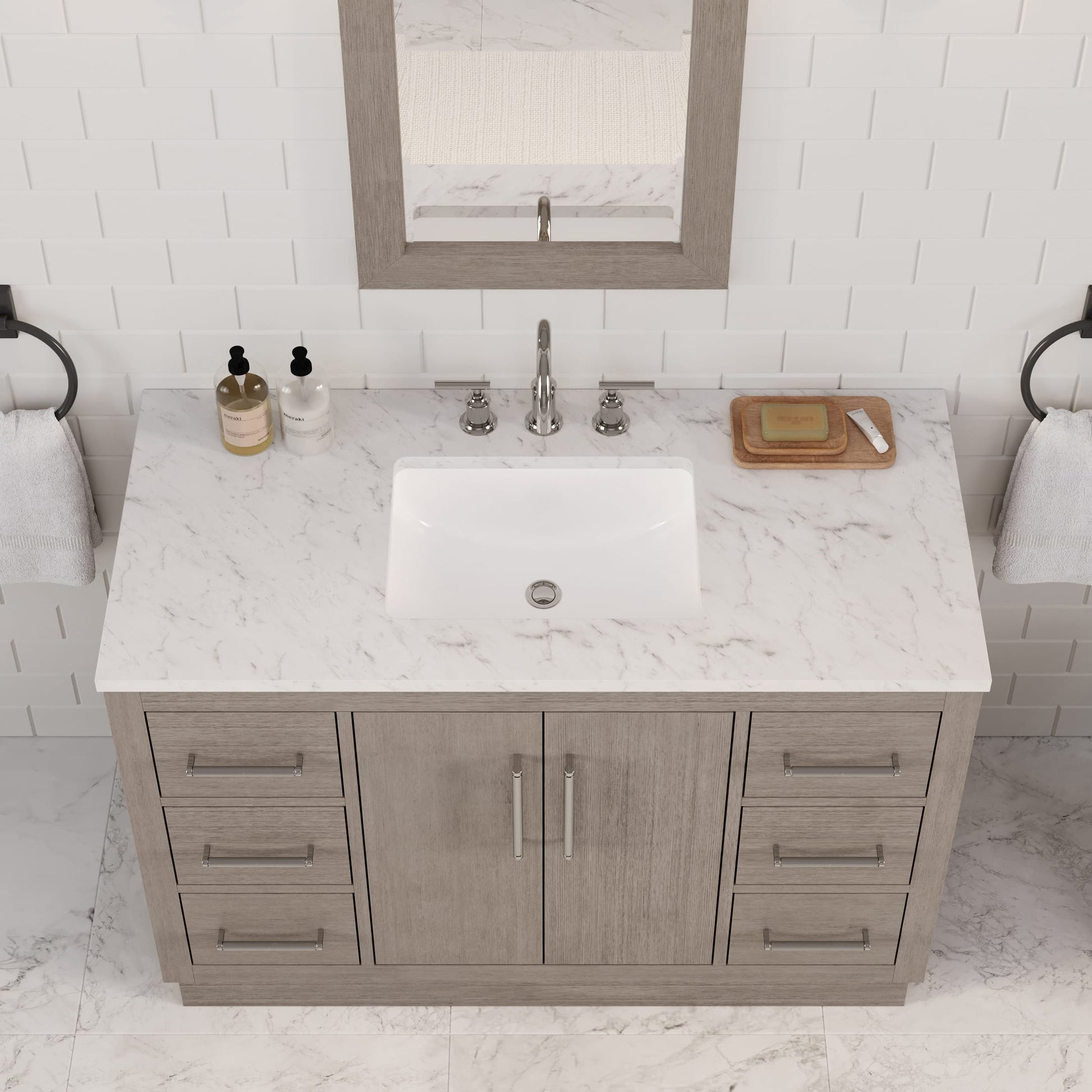 Hugo 48 in. Bath Vanity in Grey Oak with Marble Vanity Top in White with White Basin | Water Creation