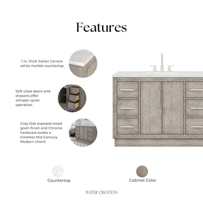 Hugo 48 in. Bath Vanity in Grey Oak with Marble Vanity Top in White with White Basin | Water Creation