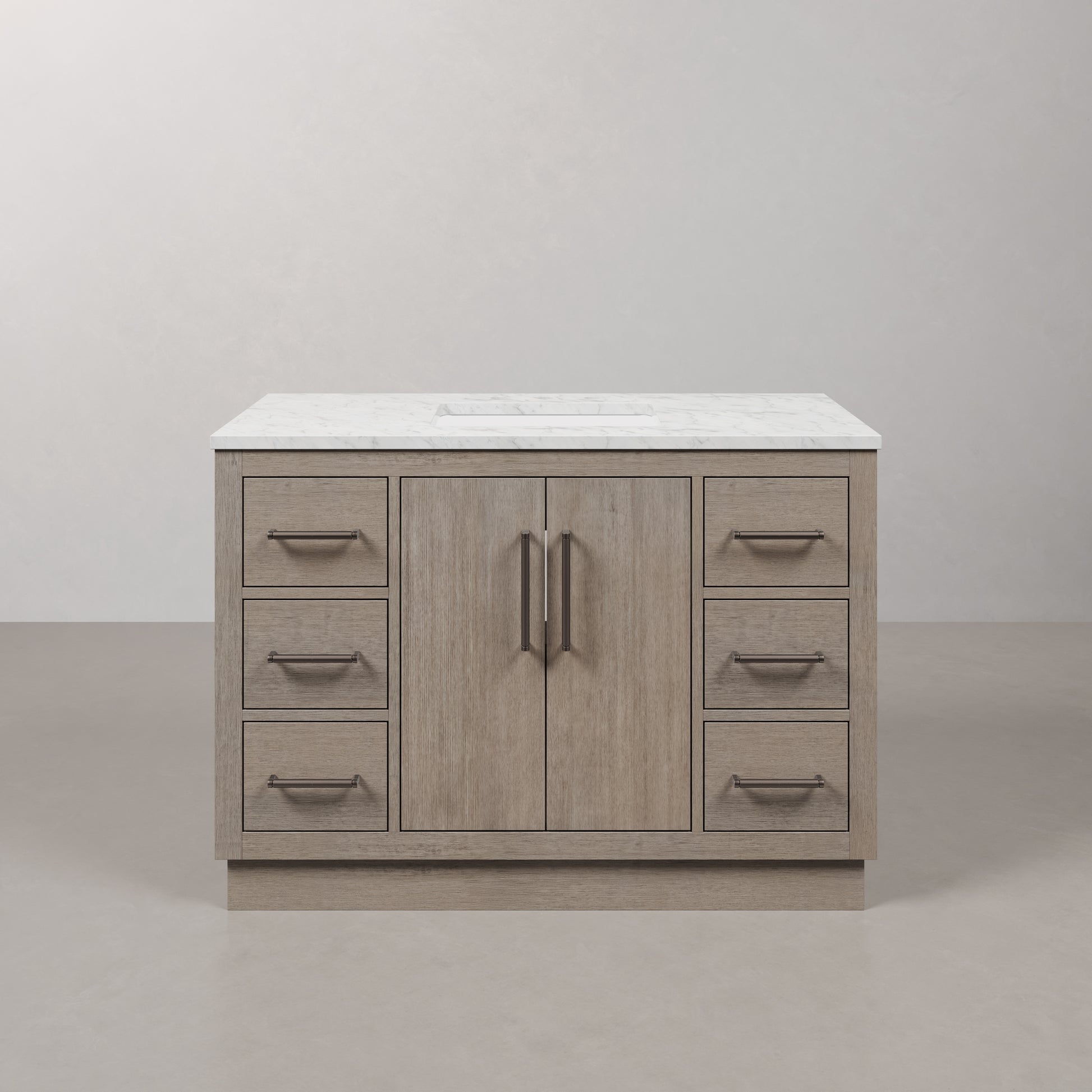 Hugo 48 in. x 34 in. H White Basin Vanity in Grey Oak with White Marble Vanity Top | Water Creation