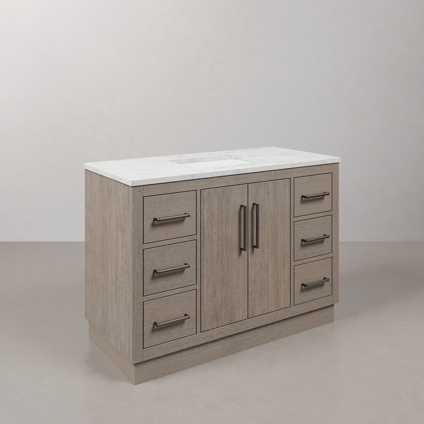 Hugo 48 in. x 34 in. H White Basin Vanity in Grey Oak with White Marble Vanity Top | Water Creation