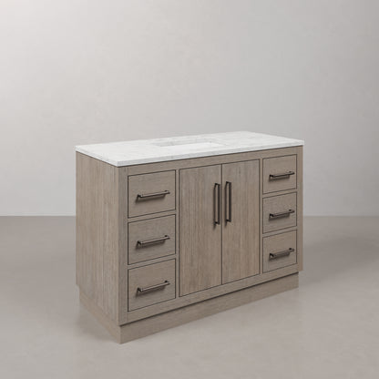 Hugo 48 in. x 34 in. H White Basin Vanity in Grey Oak with White Marble Vanity Top | Water Creation