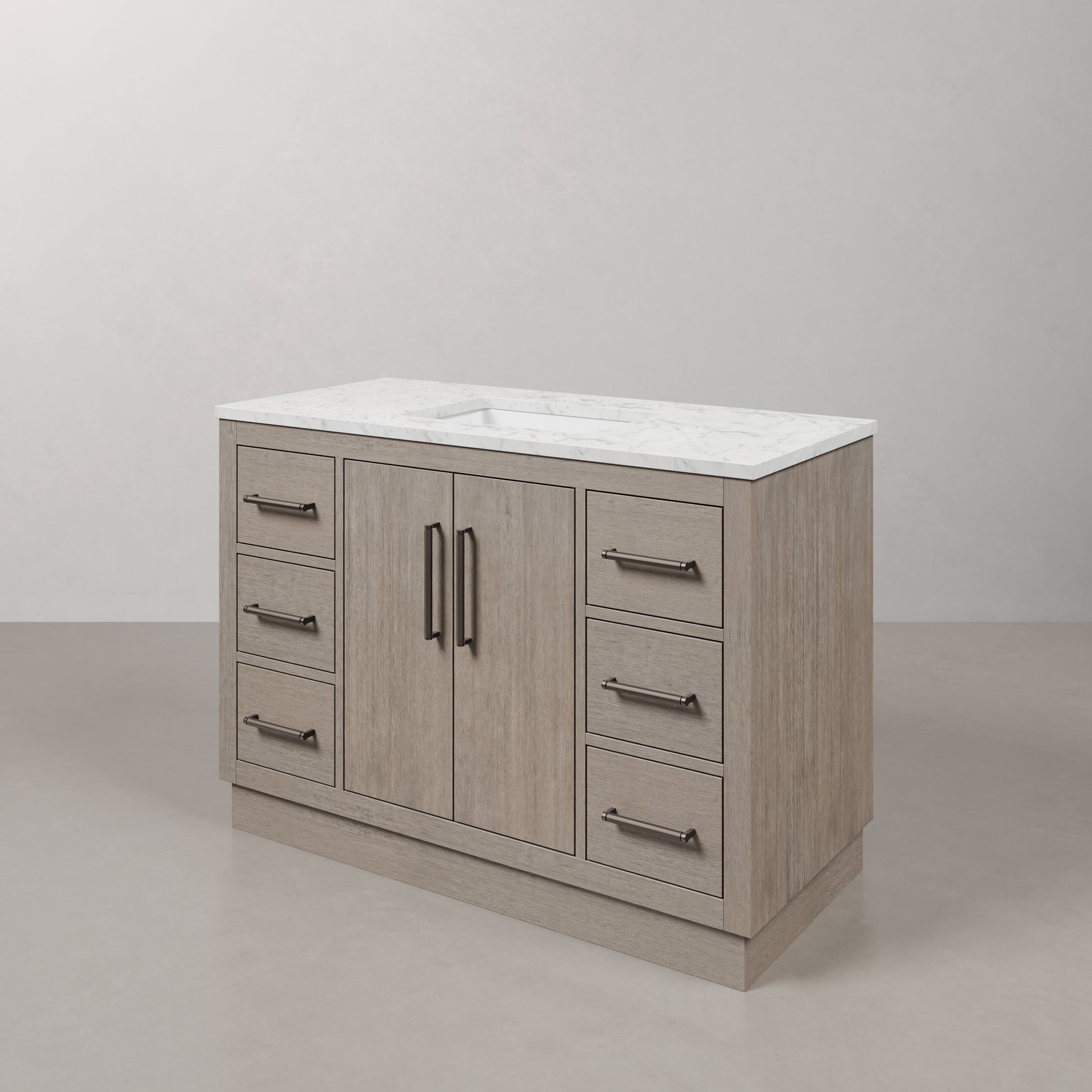 Hugo 48 in. x 34 in. H White Basin Vanity in Grey Oak with White Marble Vanity Top | Water Creation