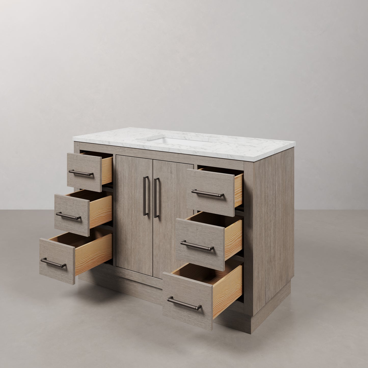 Hugo 48 in. x 34 in. H White Basin Vanity in Grey Oak with White Marble Vanity Top | Water Creation