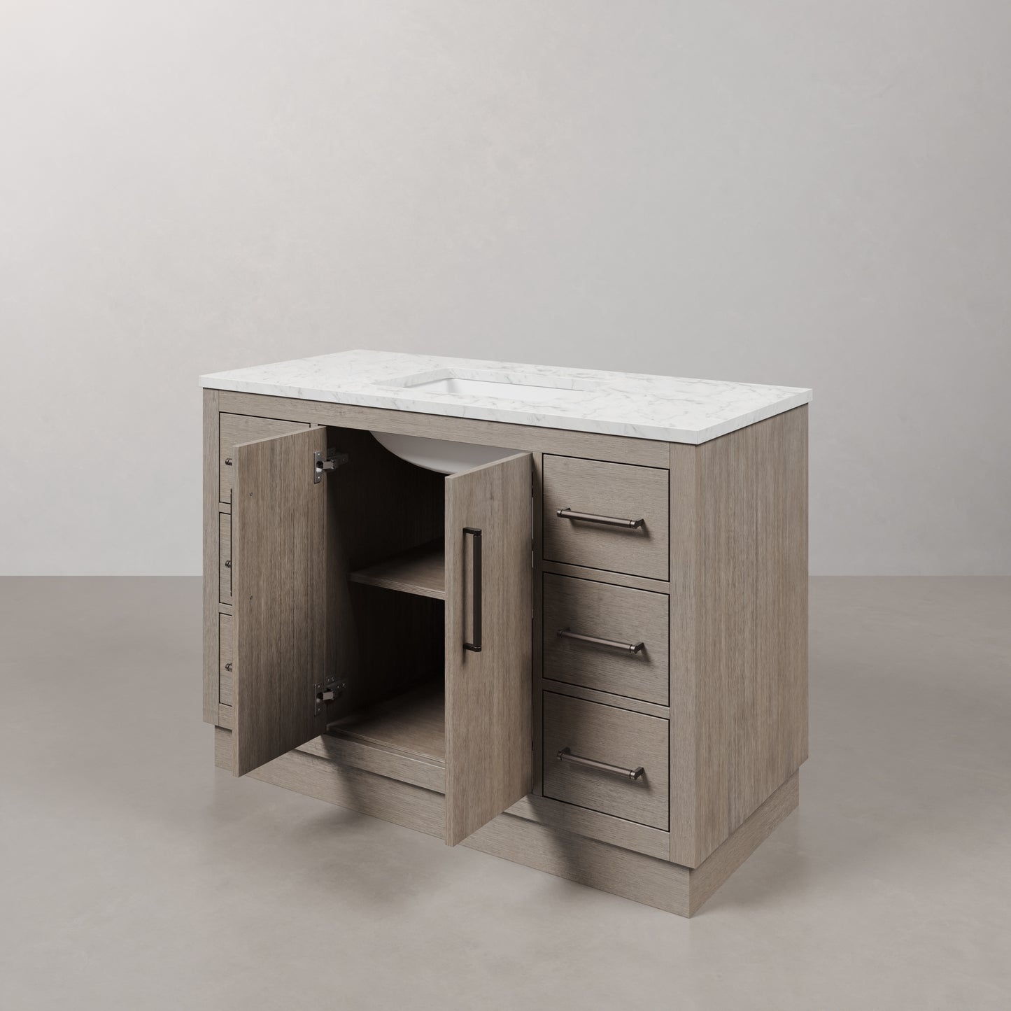 Hugo 48 in. x 34 in. H White Basin Vanity in Grey Oak with White Marble Vanity Top | Water Creation